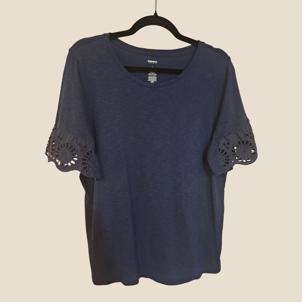 Sonoma Eyelet Flutter Short Sleeve Tee Navy Blue Beauty Size L